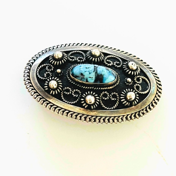 Midcentury 1940's Silver Filagree Brooch - Set with Blue stone - Picture 14 of 14